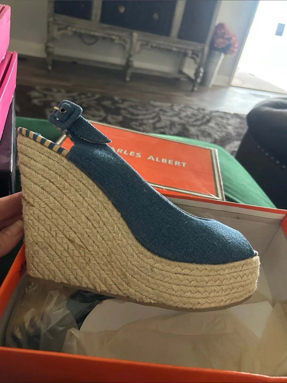 Charles Albert Denim Blue Espadrille Wedge Sandals